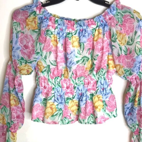 WAYF off the shoulder floral bright lightweight ladies blouse small cute y2k - Picture 5 of 12